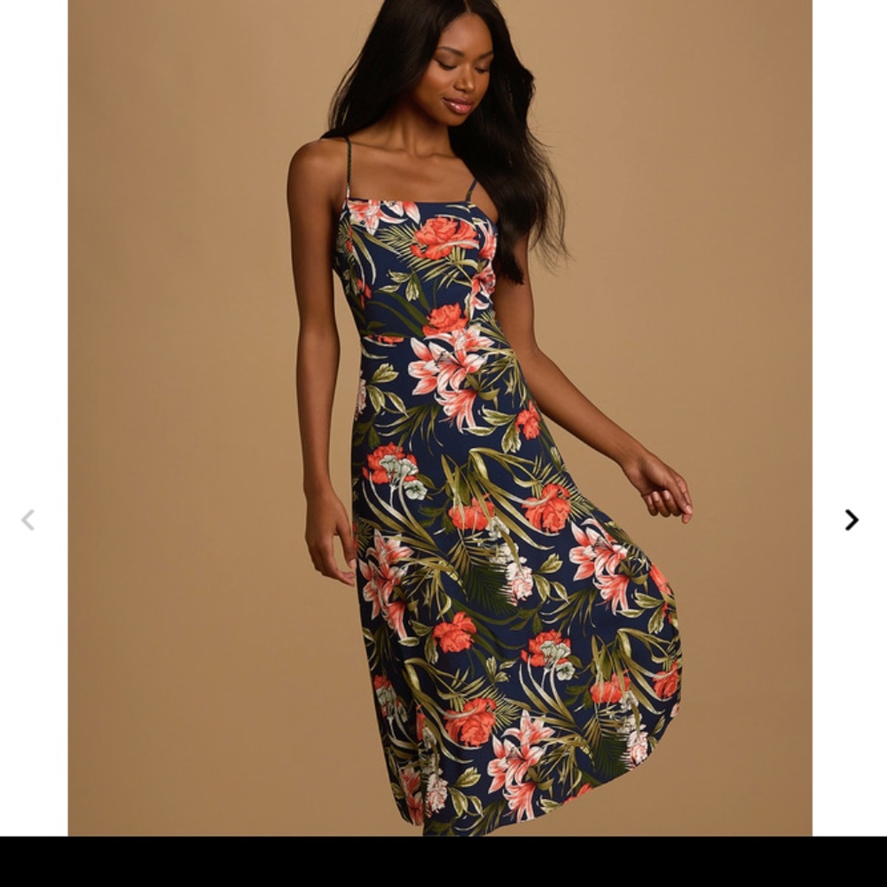 Lulus Perfect Getaway Navy Blue Floral Print Tie-Back Midi Dress - Size S